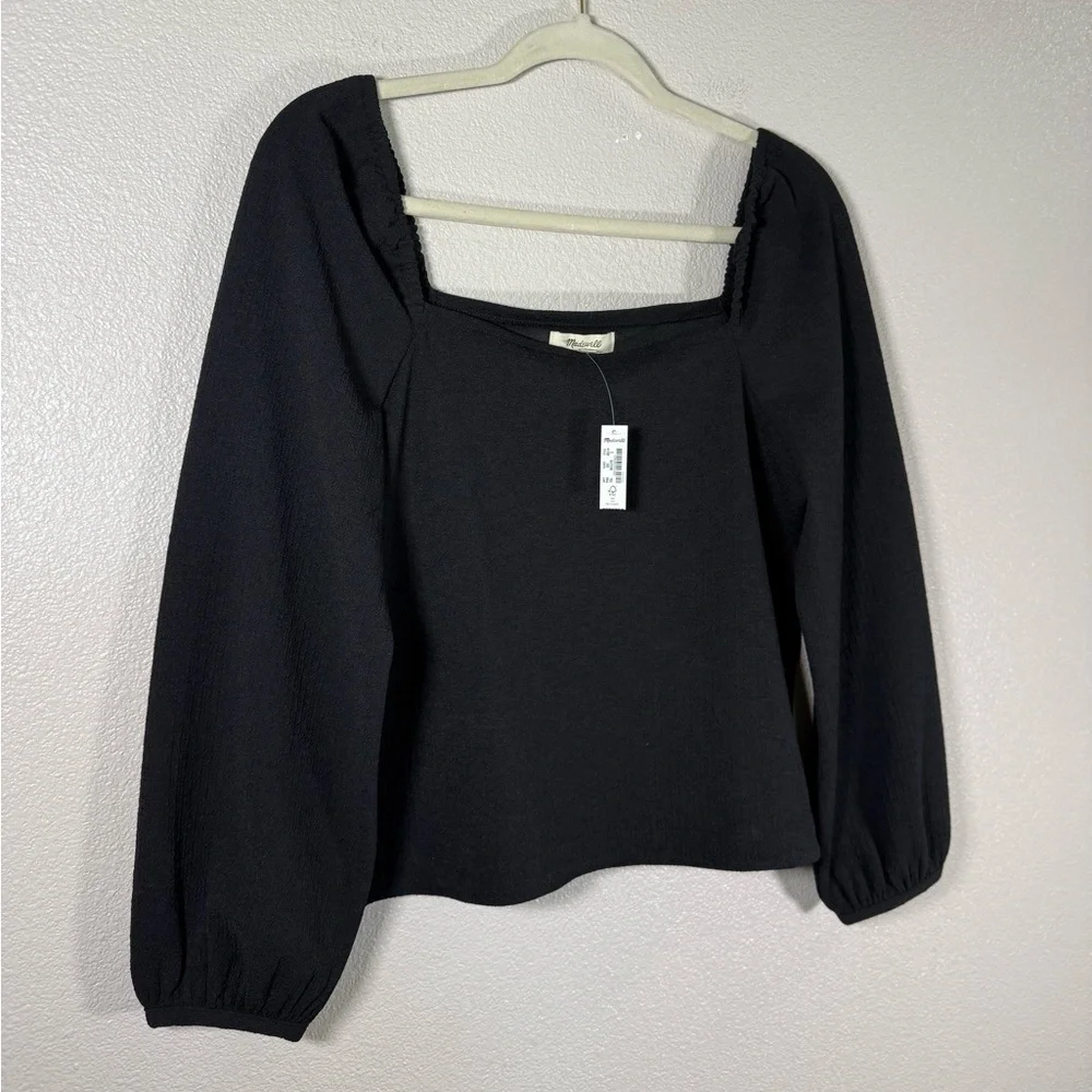 NWT Crepe Square-Neck Puff-Sleeve Top Black Small K15